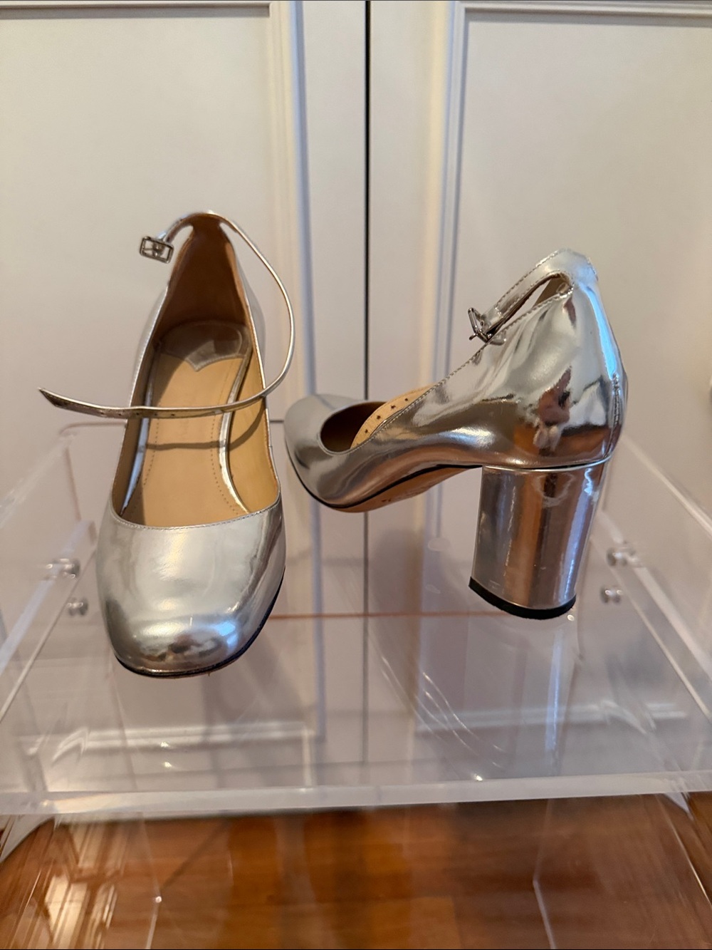 Theory Silver Metallic Mary Jane Block Heels